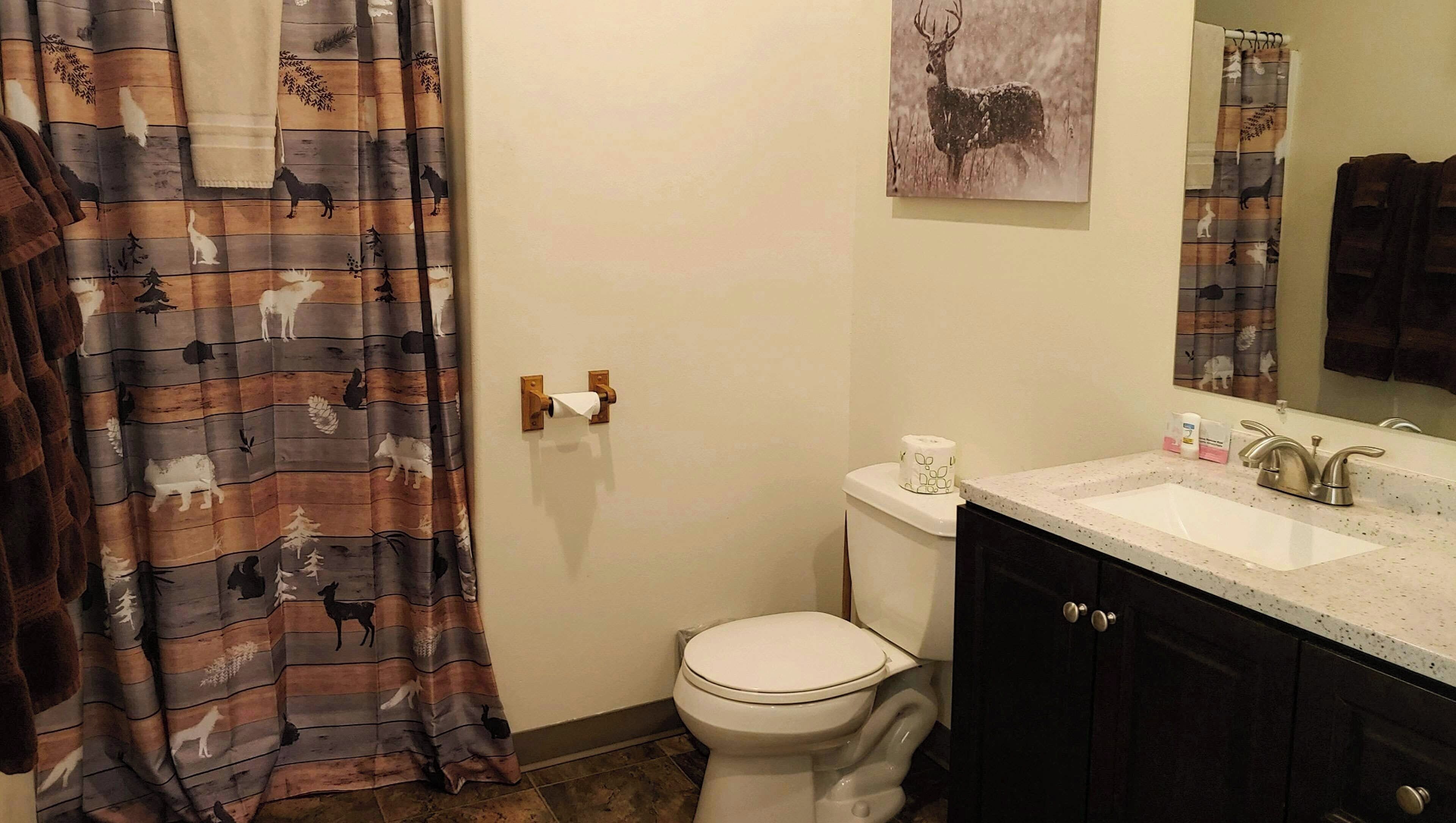 Une salle de bain avec des toilettes, un lavabo et un miroir.