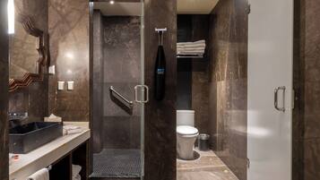 A modern bathroom with a glass-enclosed shower, a vanity with a black sink, and a toilet visible through the glass door.