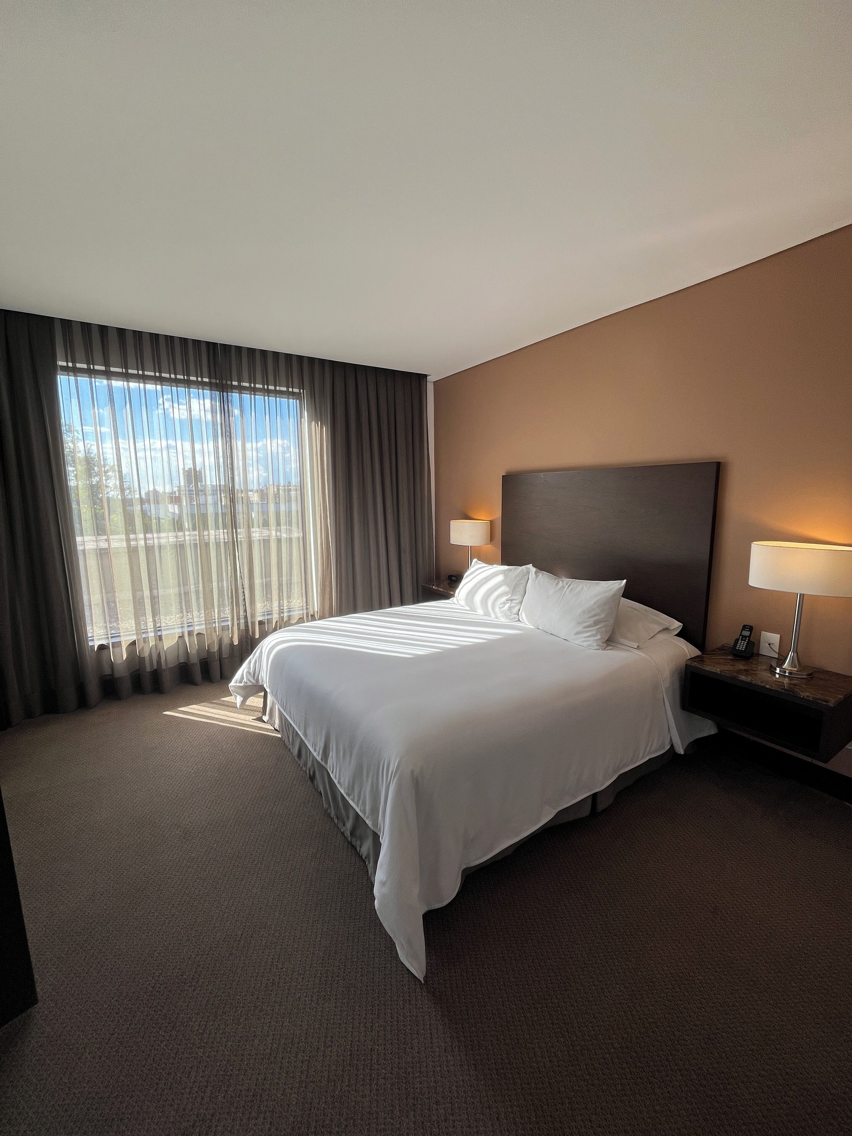 Habitación de hotel con una cama grande, una mesita de noche con lámpara y vistas al exterior a través de cortinas translúcidas.