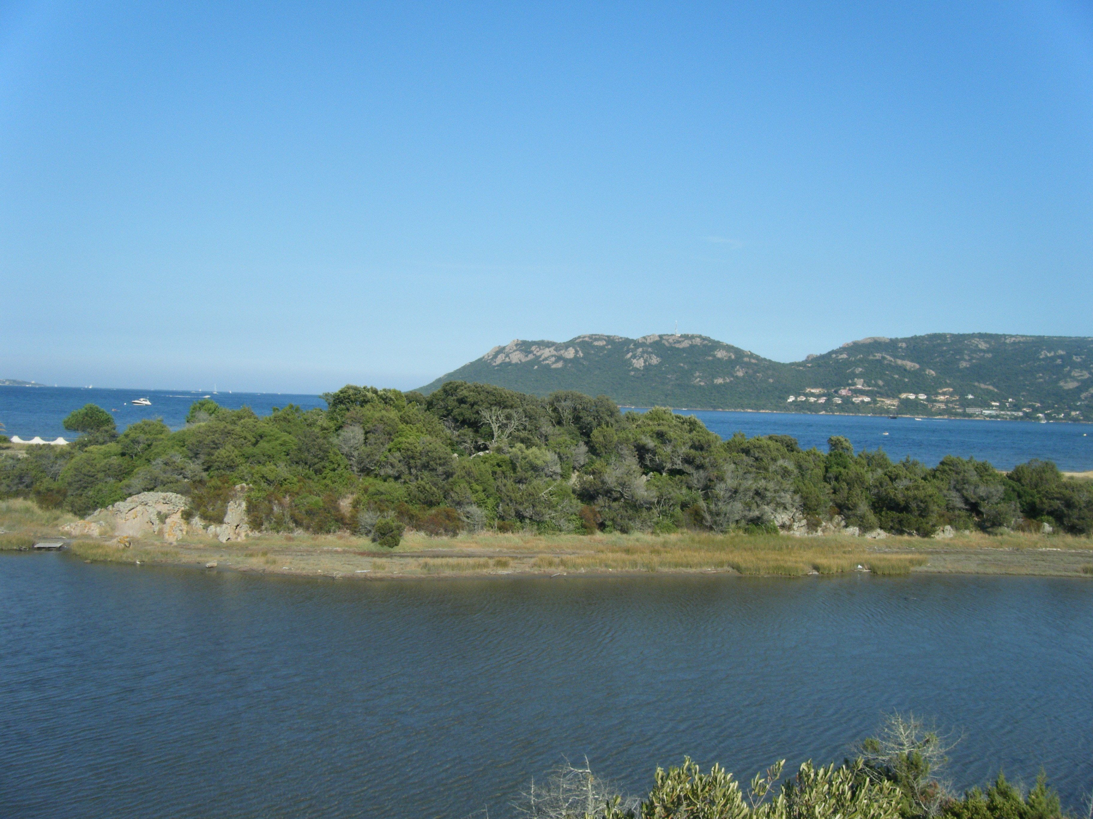 A coastal landscape with a body of water, dense greenery, and distant hills.