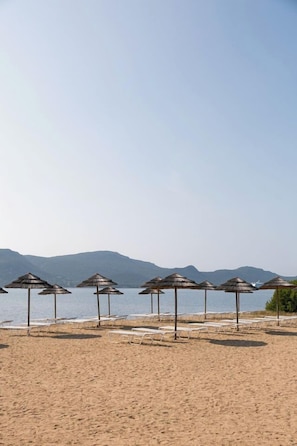 Plage privée, chaises longues, parasols, beach-volley