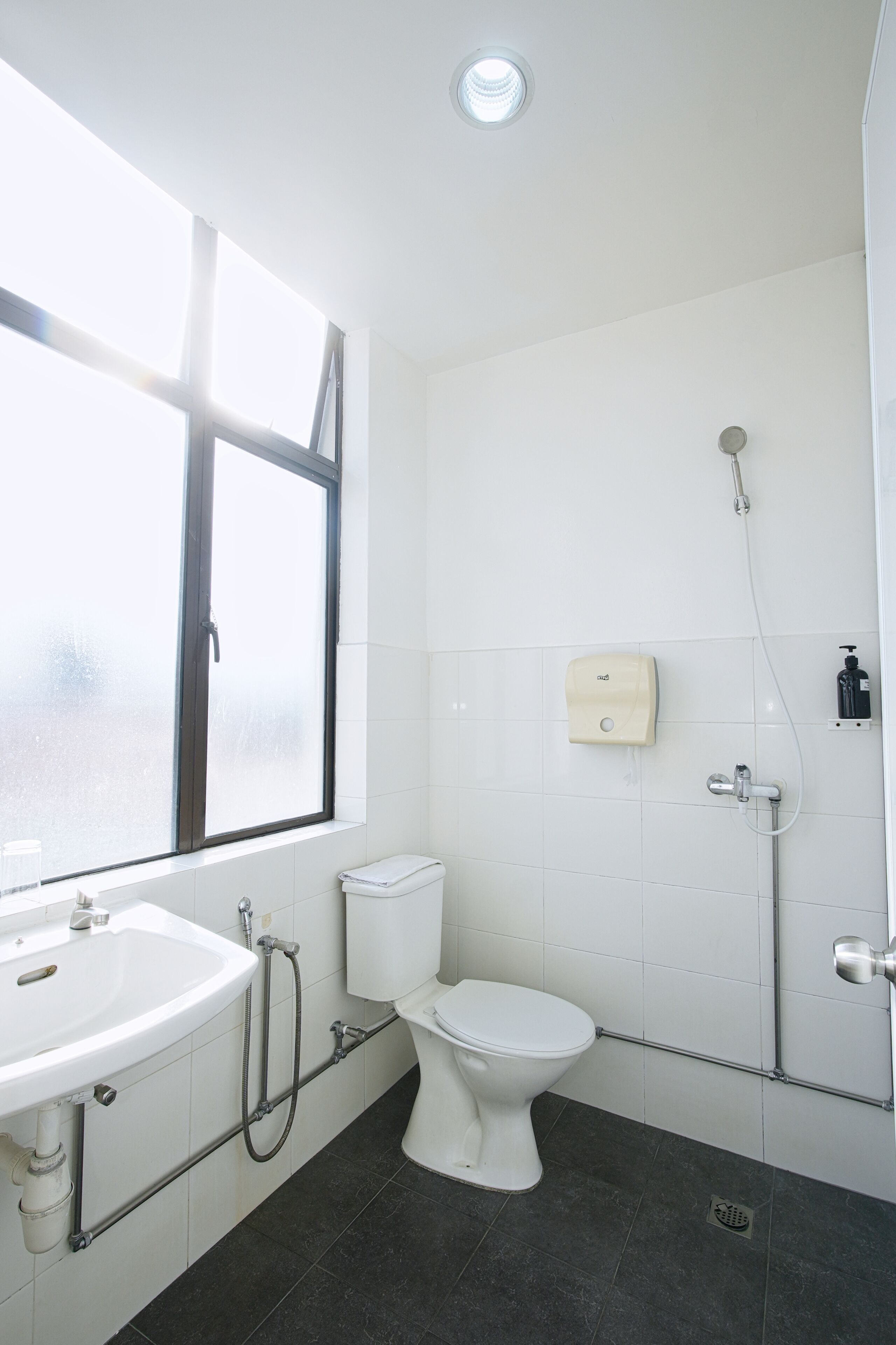 A bathroom with a toilet, sink, and shower.