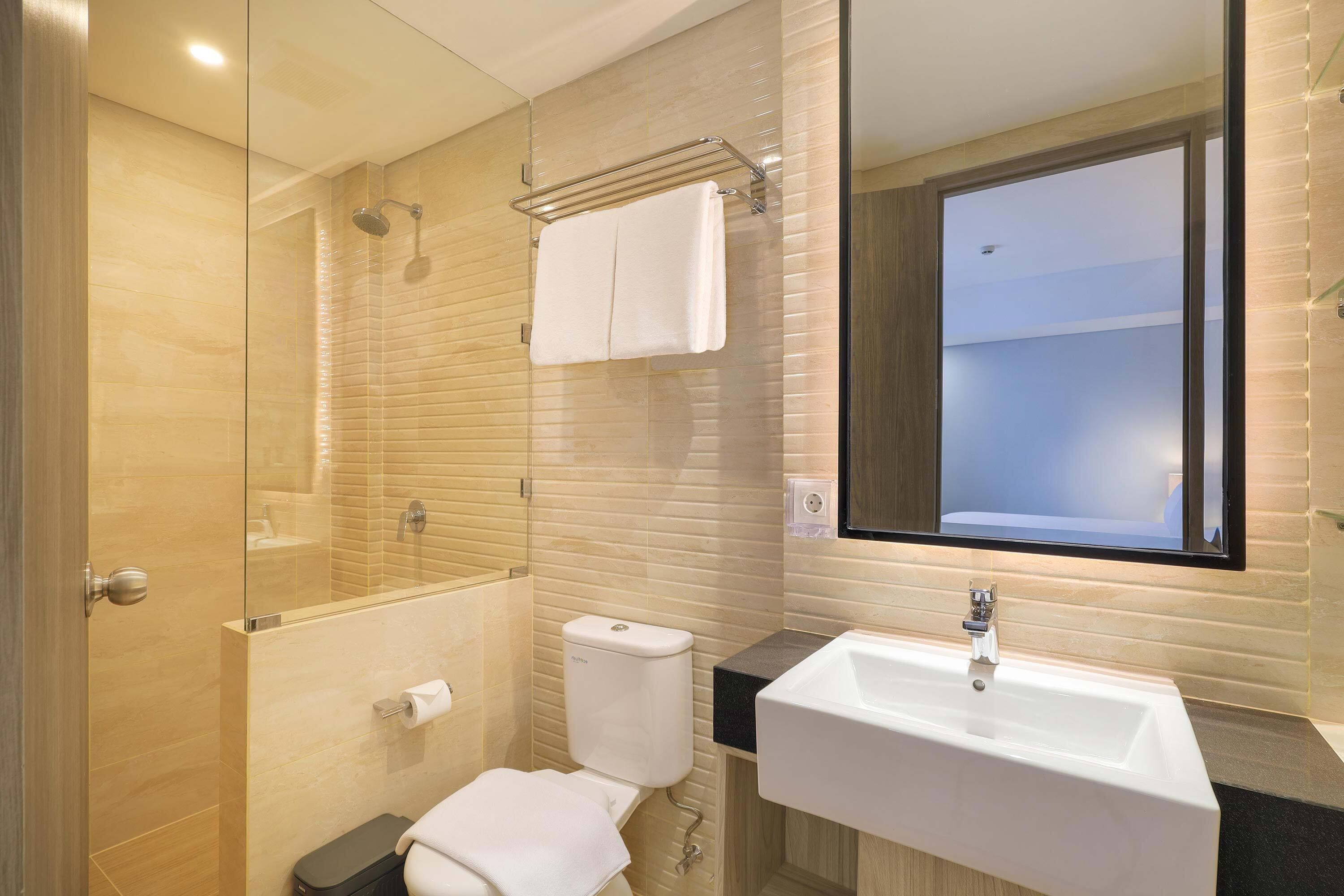 A modern bathroom with a glass shower enclosure, a toilet, a sink, and a mirror.