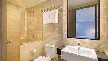 A modern bathroom with a glass shower enclosure, a toilet, a sink, and a mirror.
