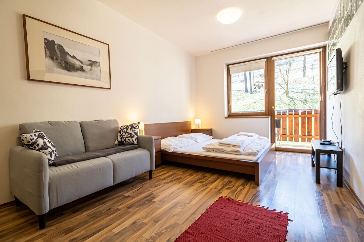 A modern bedroom with a grey sofa, a wooden bed, a red rug, and a large window with a view of trees.
