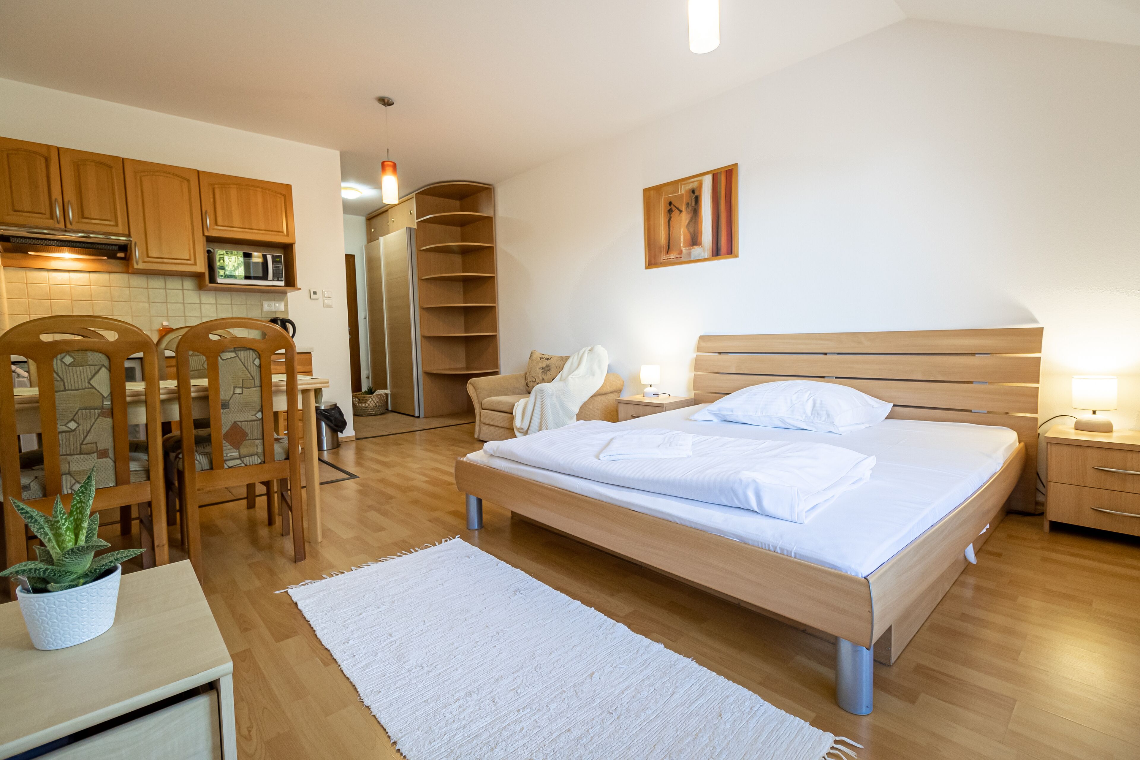 A bedroom with a wooden bed, a bedside table, a nightstand, a chair, a small table with a plant, and a white rug.
