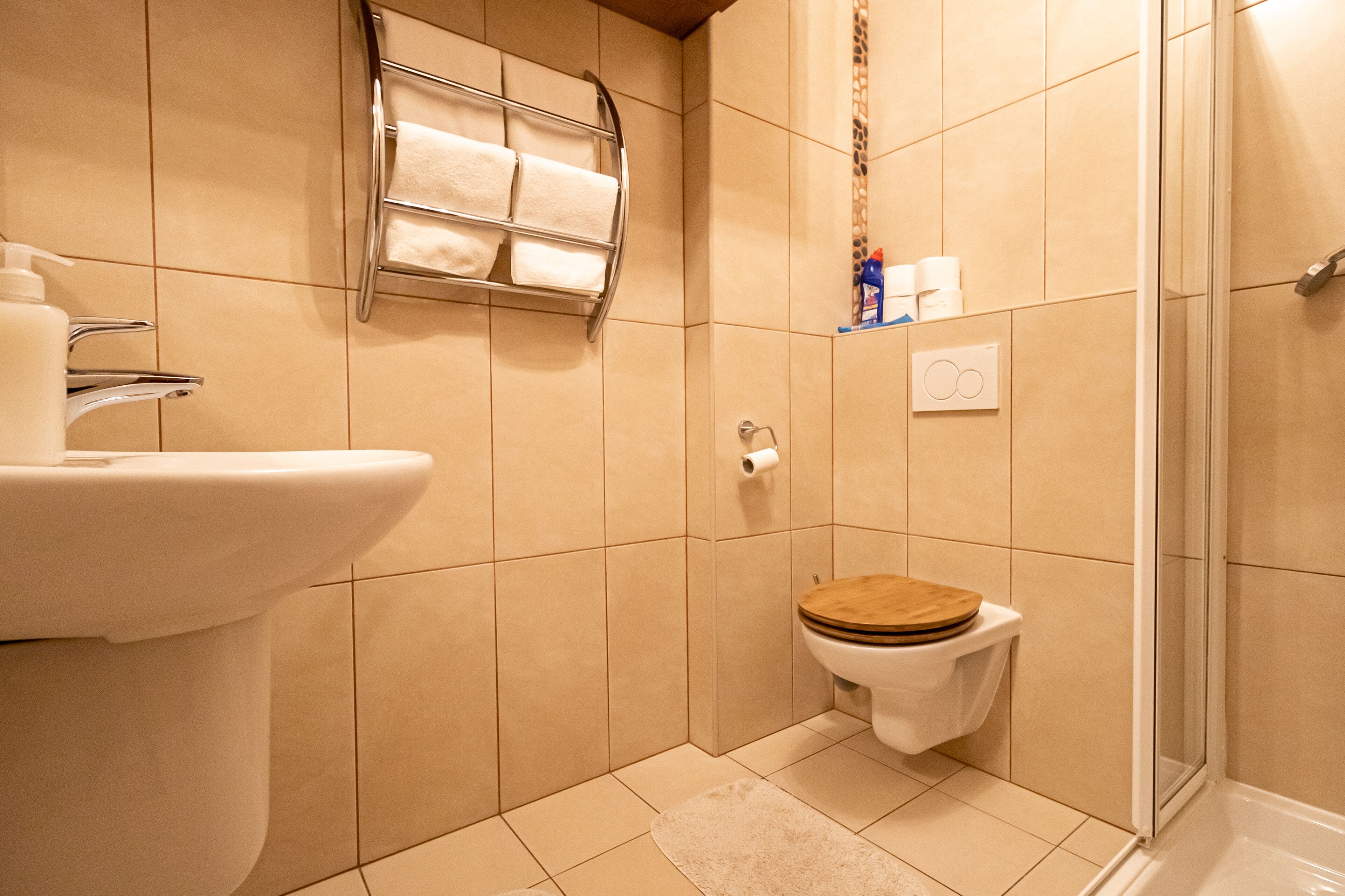 Ein kleines Badezimmer mit Toilette, Waschbecken und Dusche.