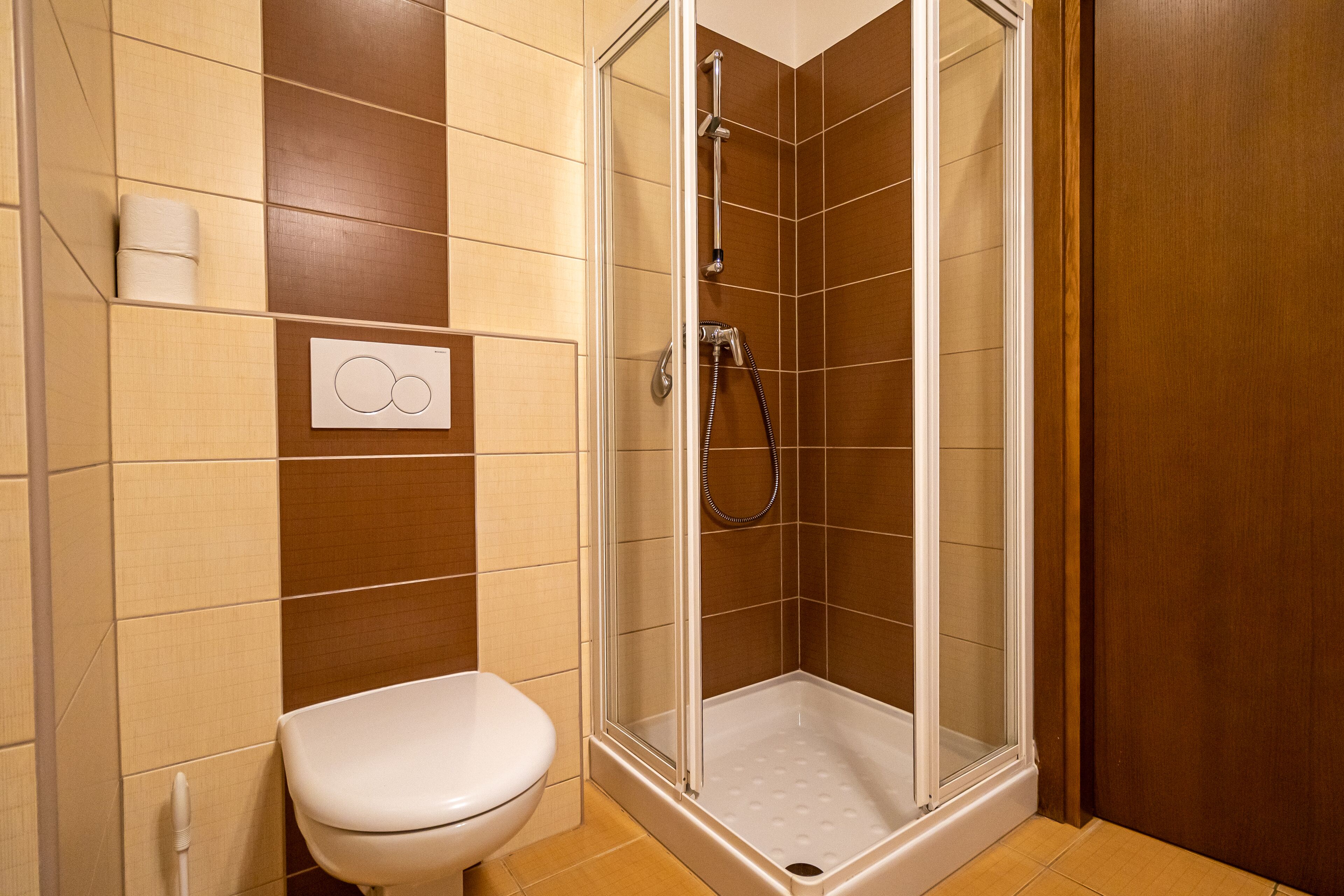 A bathroom with a shower, toilet, and a control panel.
