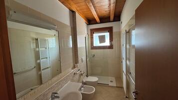 Un bagno con soffitto in legno, uno specchio grande, un lavandino, un bidet e una doccia.