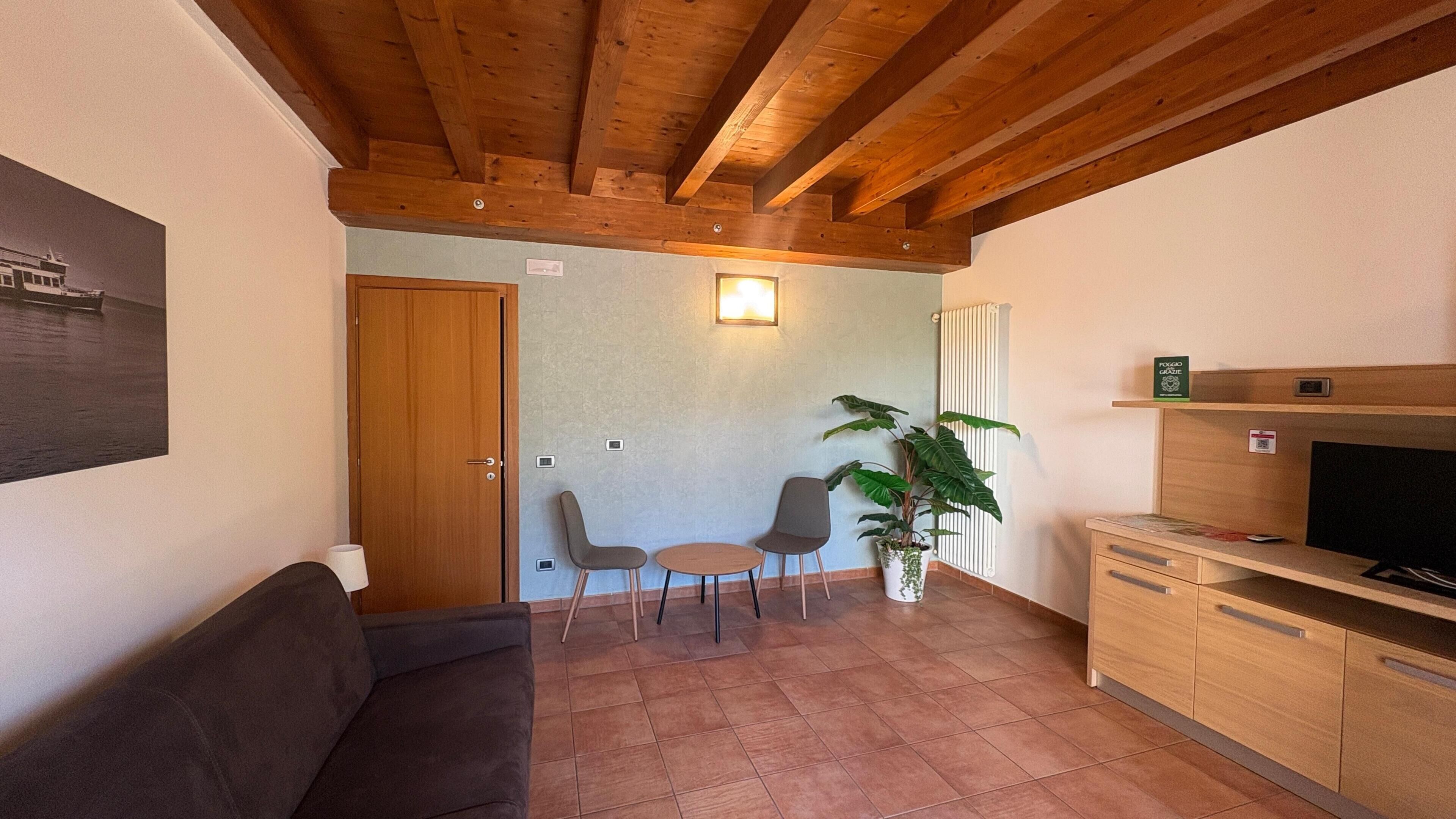 Een kamer met een houten plafond, een bank, twee stoelen, een kleine tafel, een kamerplant, een televisie en een deur.