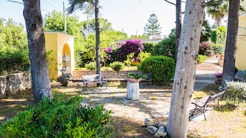 Un patio con suelo de piedra, bancos, un pequeño edificio amarillo y abundante vegetación.