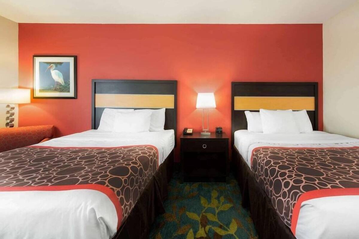 A hotel room with two beds, a nightstand with a lamp, a framed picture on the wall, and a carpeted floor.
