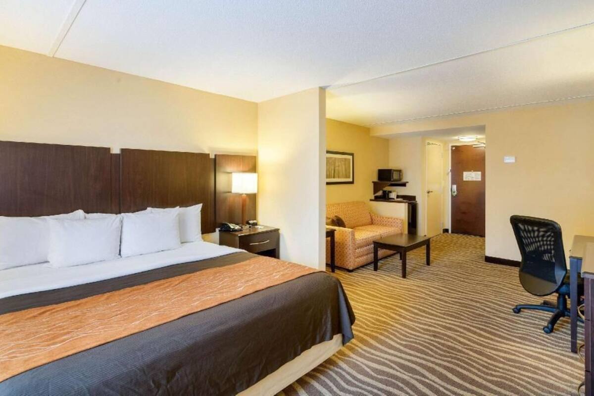 A hotel room with a bed, a desk, a chair, a lamp, and a television.