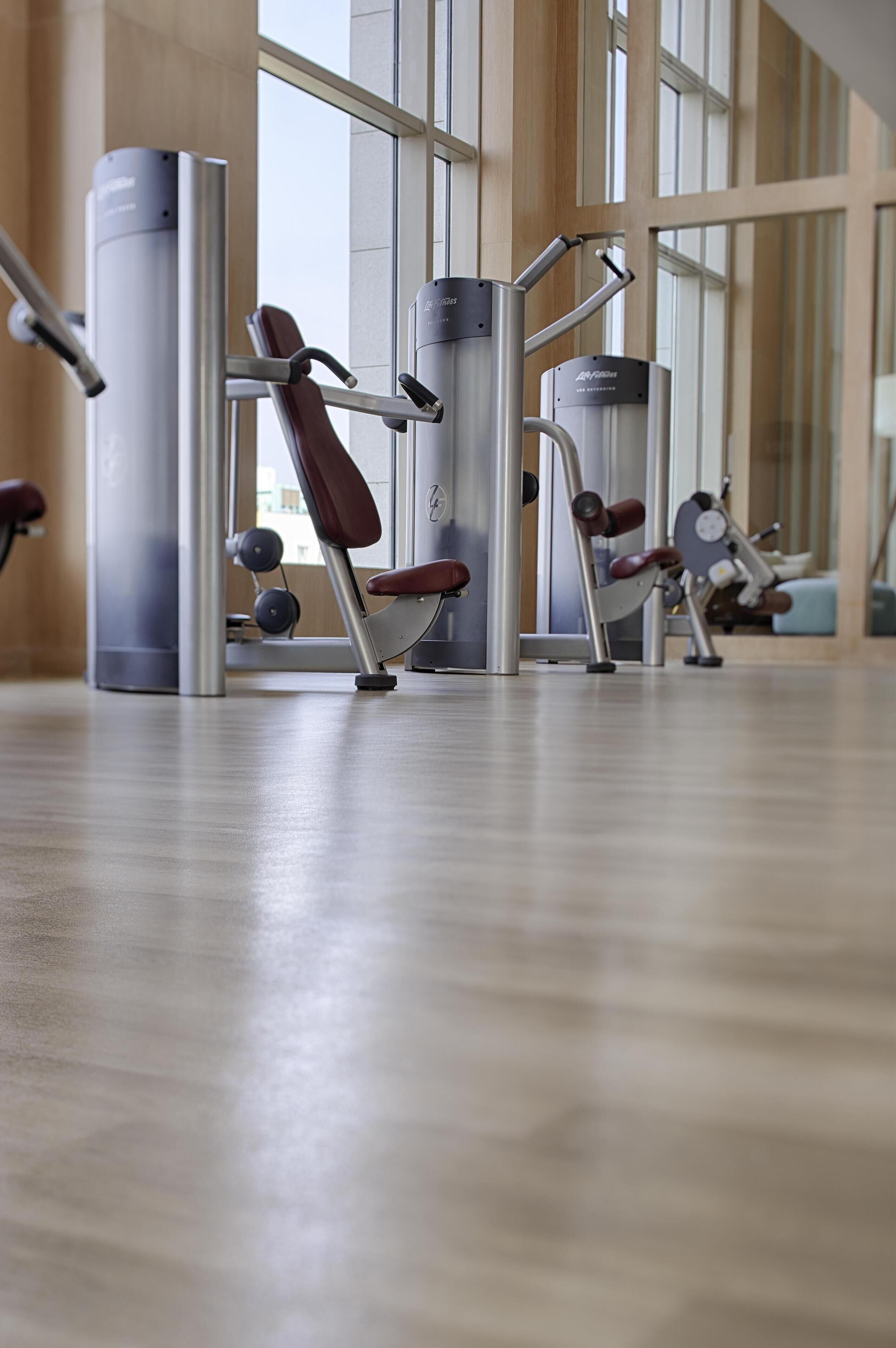 A gym with exercise equipment and large windows.
