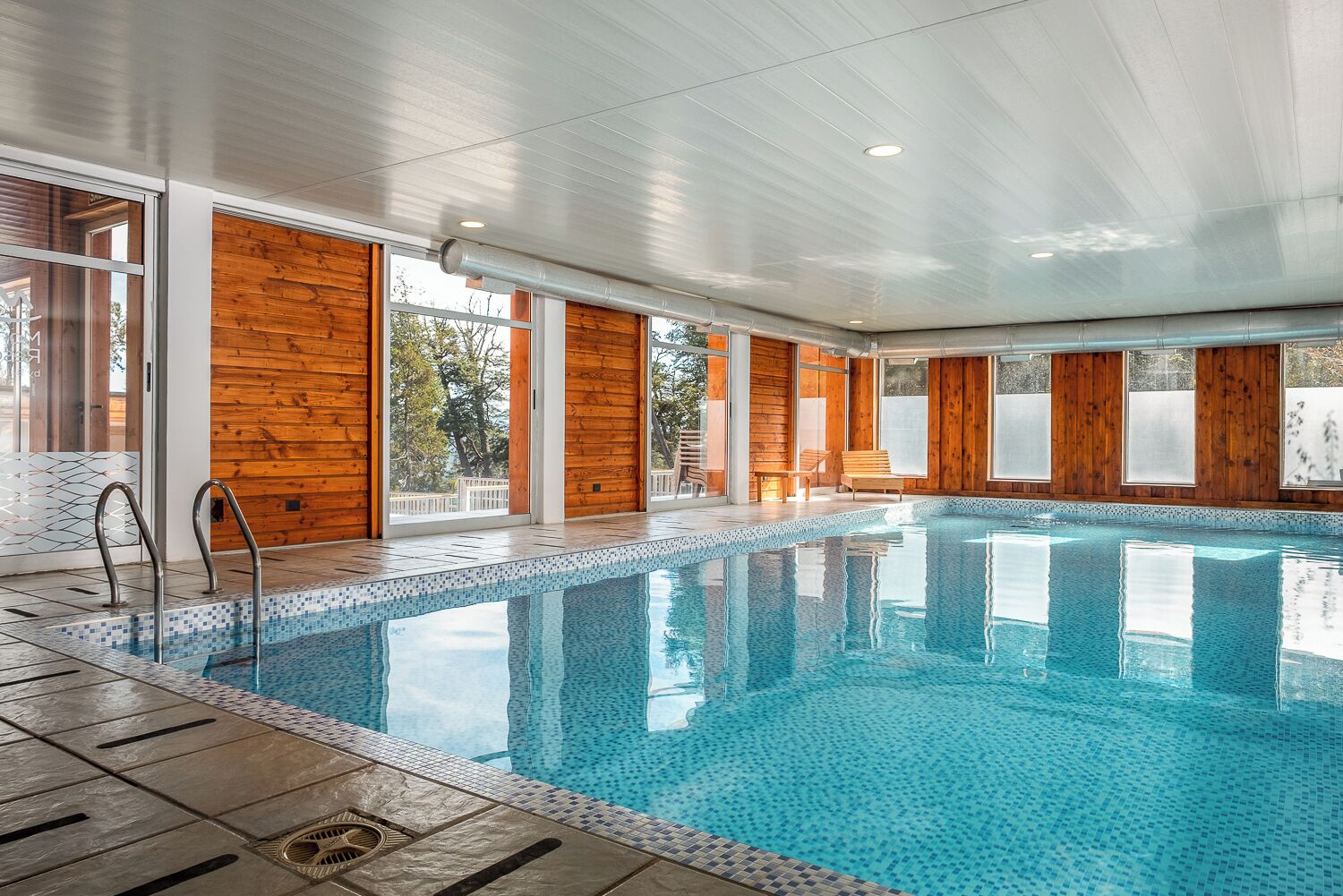 En indendørs swimmingpool med trævægge og store vinduer.