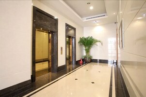 A hallway with marble flooring, two elevators, and a potted plant.