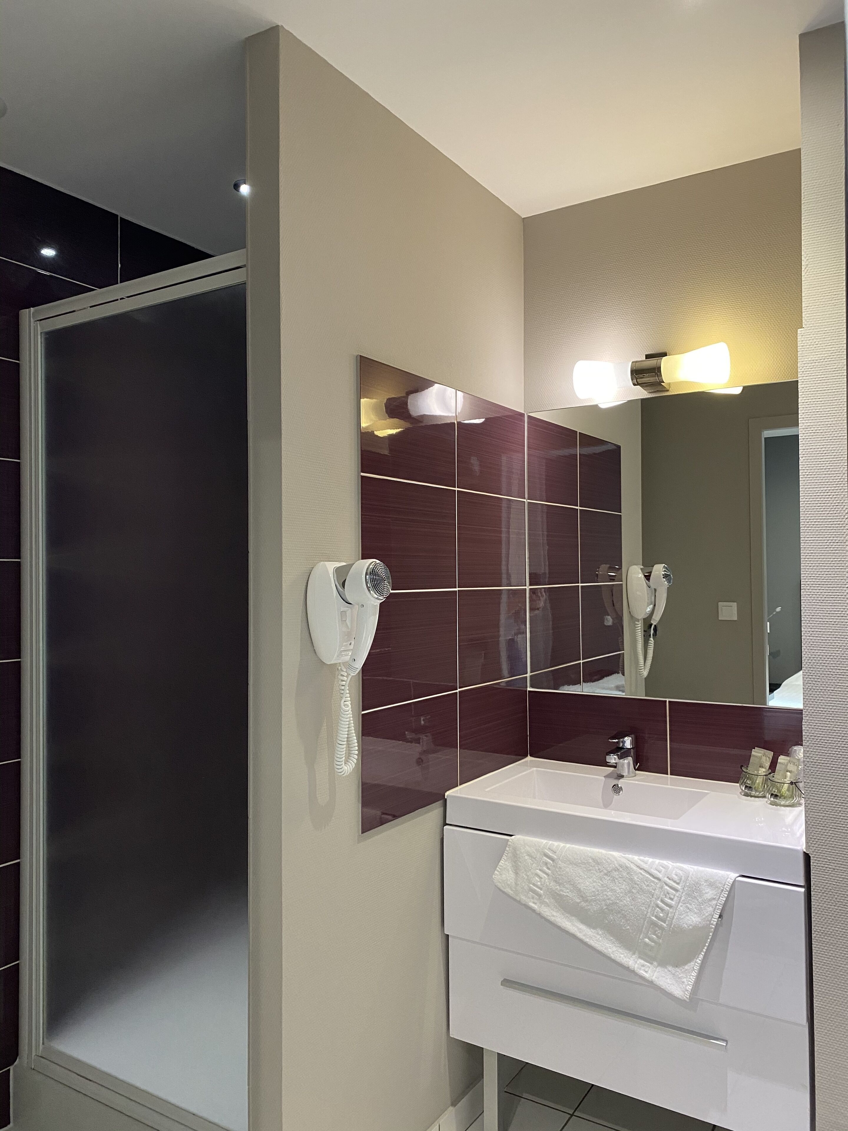 shower, free toiletries, hair dryer, towels