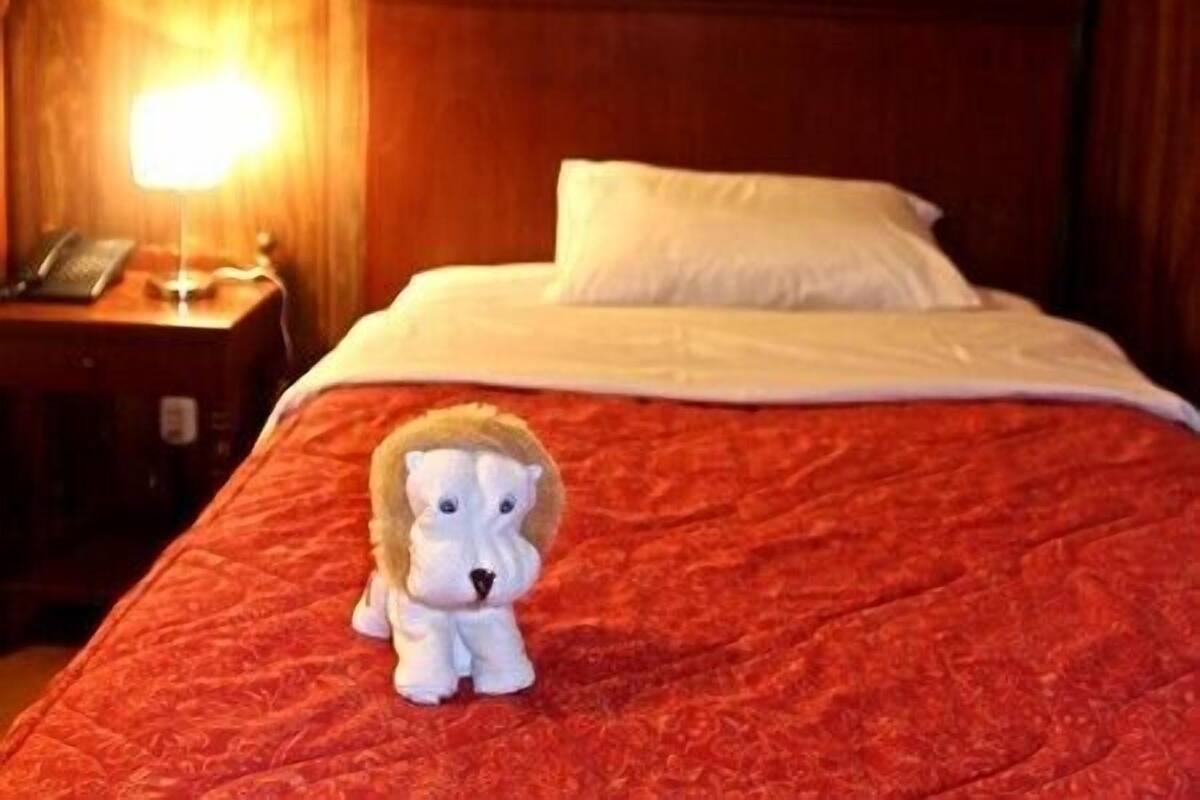 Ein Hotelzimmer mit hölzernem Kopfteil, einem Bett mit weißer Bettwäsche, einem Nachttisch mit Lampe und einem Stofftier auf dem Bett.
