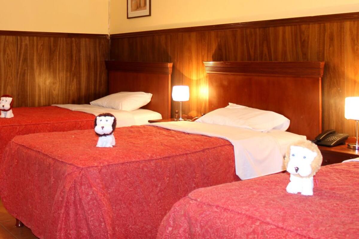 Ein Hotelzimmer mit drei Betten, jeweils mit roter Bettdecke und einer kleinen Stoffspielzeug-Figur obenauf. Zwei Nachttischlampen, ein Holzkopfstück und eine Holzkommode mit Spiegel sind ebenfalls vorhanden.