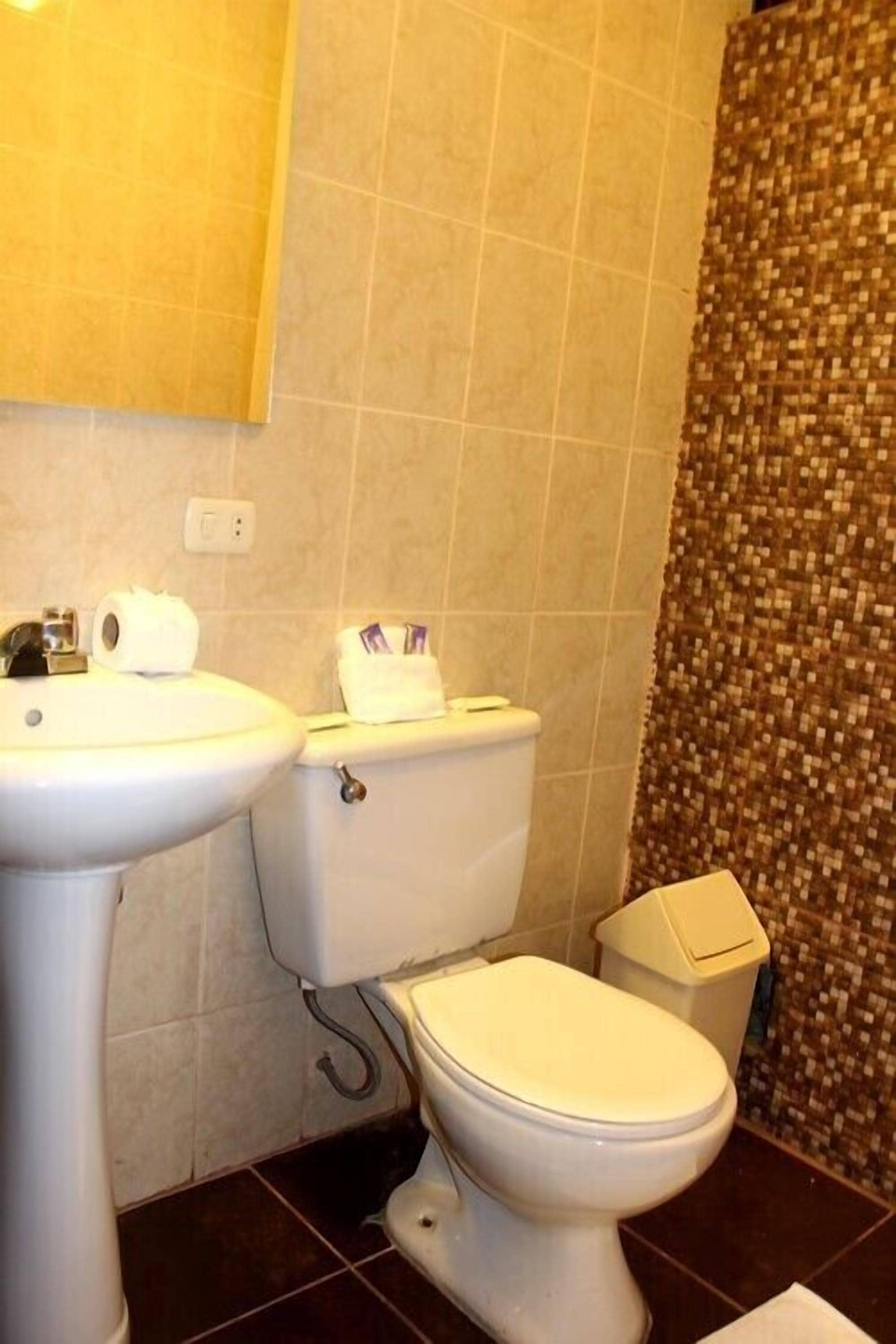 A bathroom with a toilet, sink, and a tiled wall.