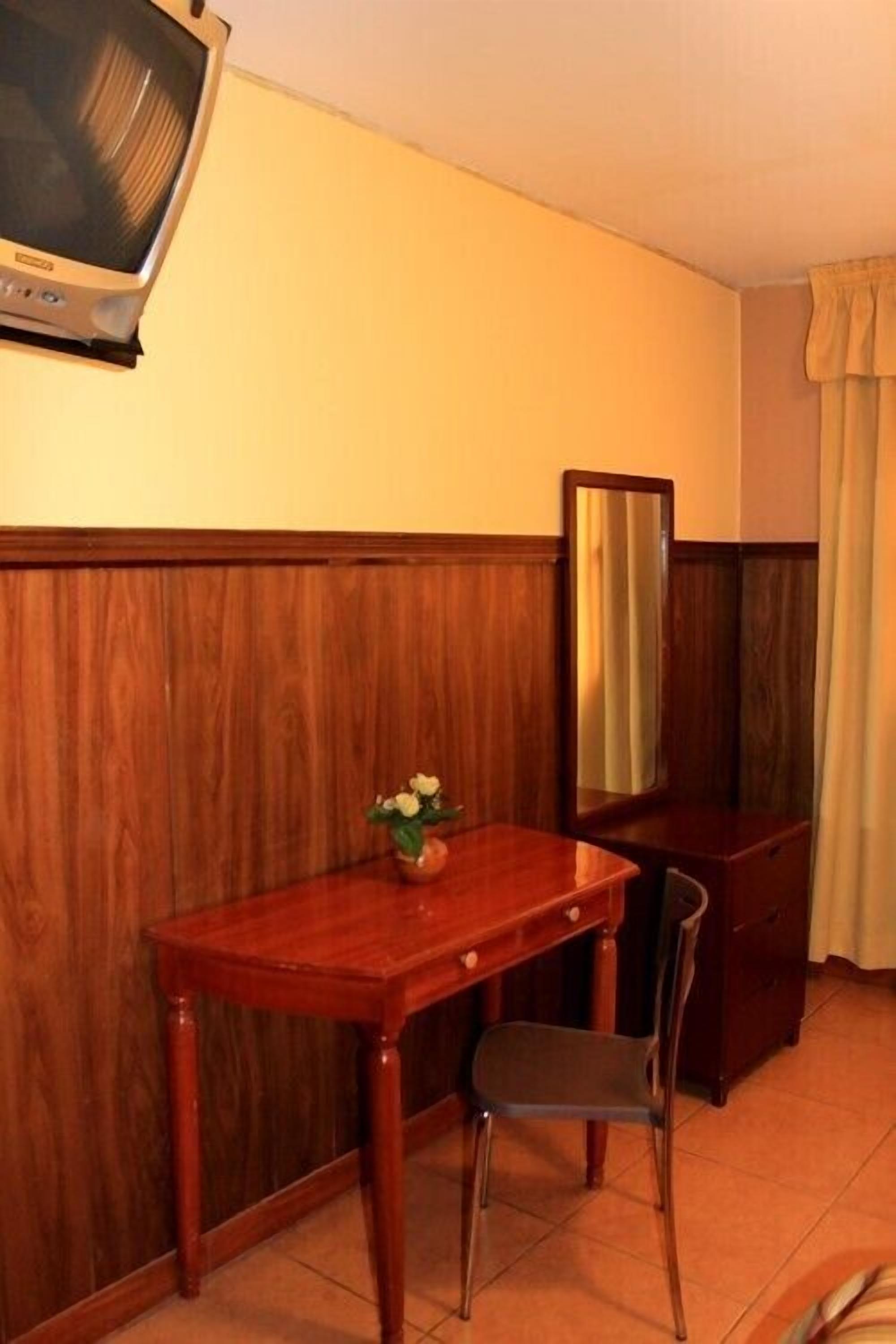 A room with a wooden desk, a chair, a television, a mirror, and a small plant.