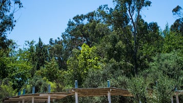 Una piscina al aire libre de temporada, sombrillas