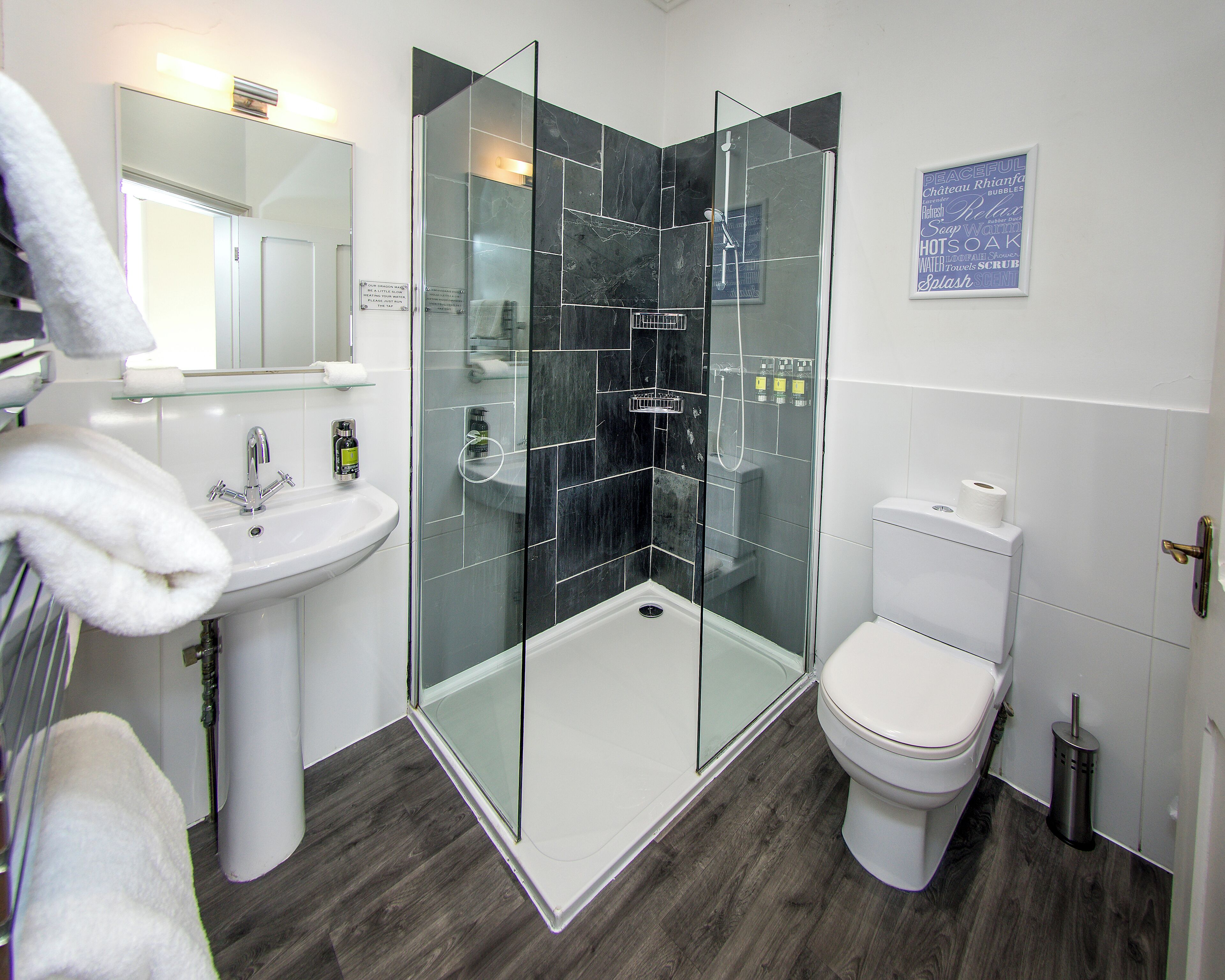 A modern bathroom with a glass-enclosed shower, a white sink, and a toilet.