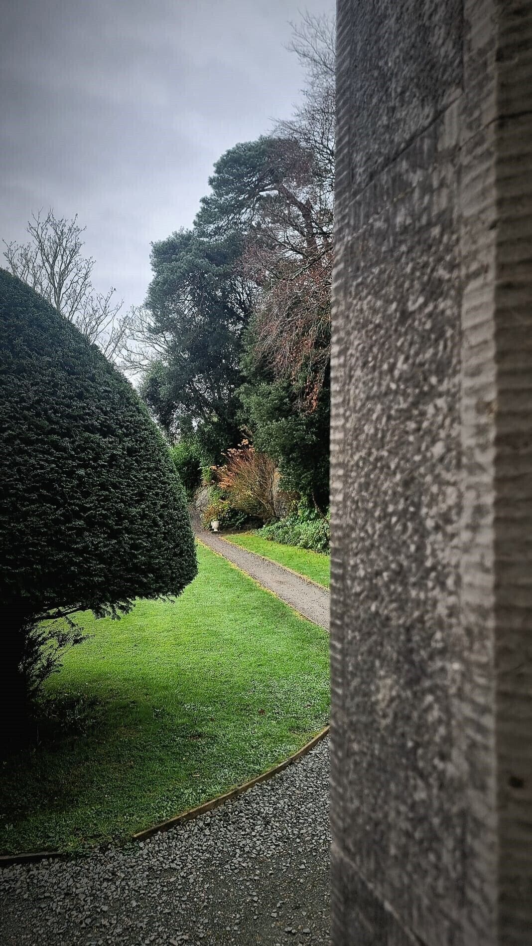 A pathway leading through a well-maintained garden with a variety of trees and shrubs.
