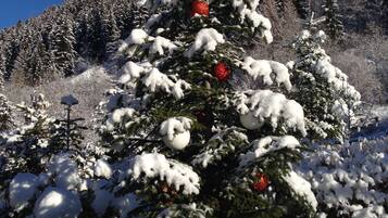 Un árbol de Navidad cubierto de nieve con adornos, con montañas al fondo.