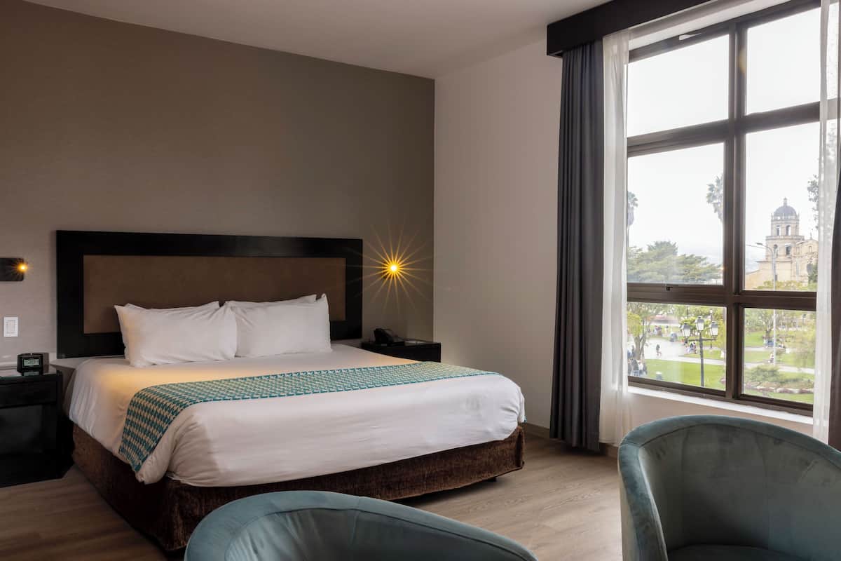 A hotel room with a large bed, a nightstand, a chair, and a window with a view of a building and greenery.