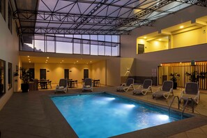 Indoor pool, open 9:00 AM to 6:00 PM, sun loungers