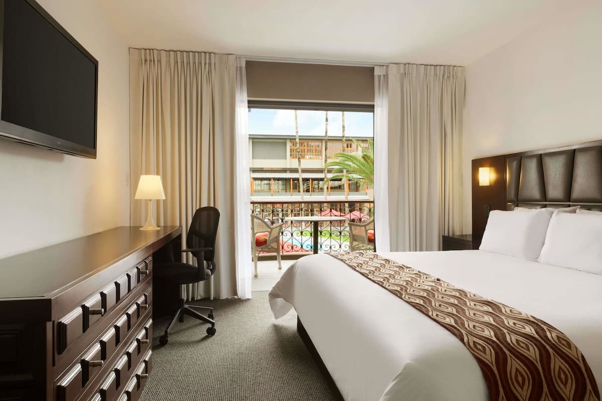A hotel room with a bed, a desk, a chair, a TV, and a balcony with a view of a building and palm trees.