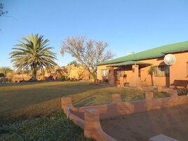 Una casa con techo verde, antena parabólica y césped cuidado con una palmera.
