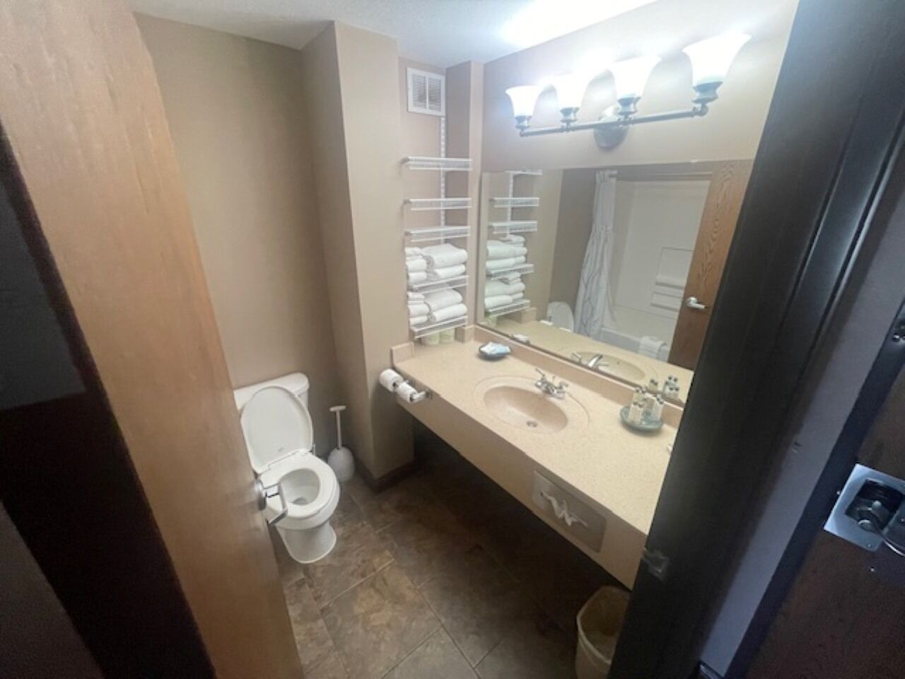 combined shower/bathtub, free toiletries, hair dryer, towels
