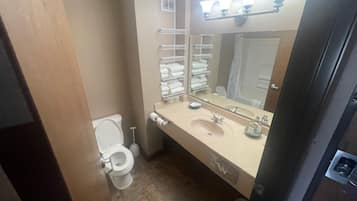 A small bathroom with a toilet, sink, and mirror.