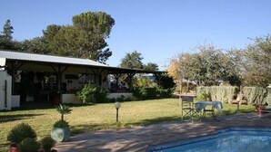 Ein Haus mit überdachter Terrasse, Schwimmbad und Rasen mit Kübelpflanzen.