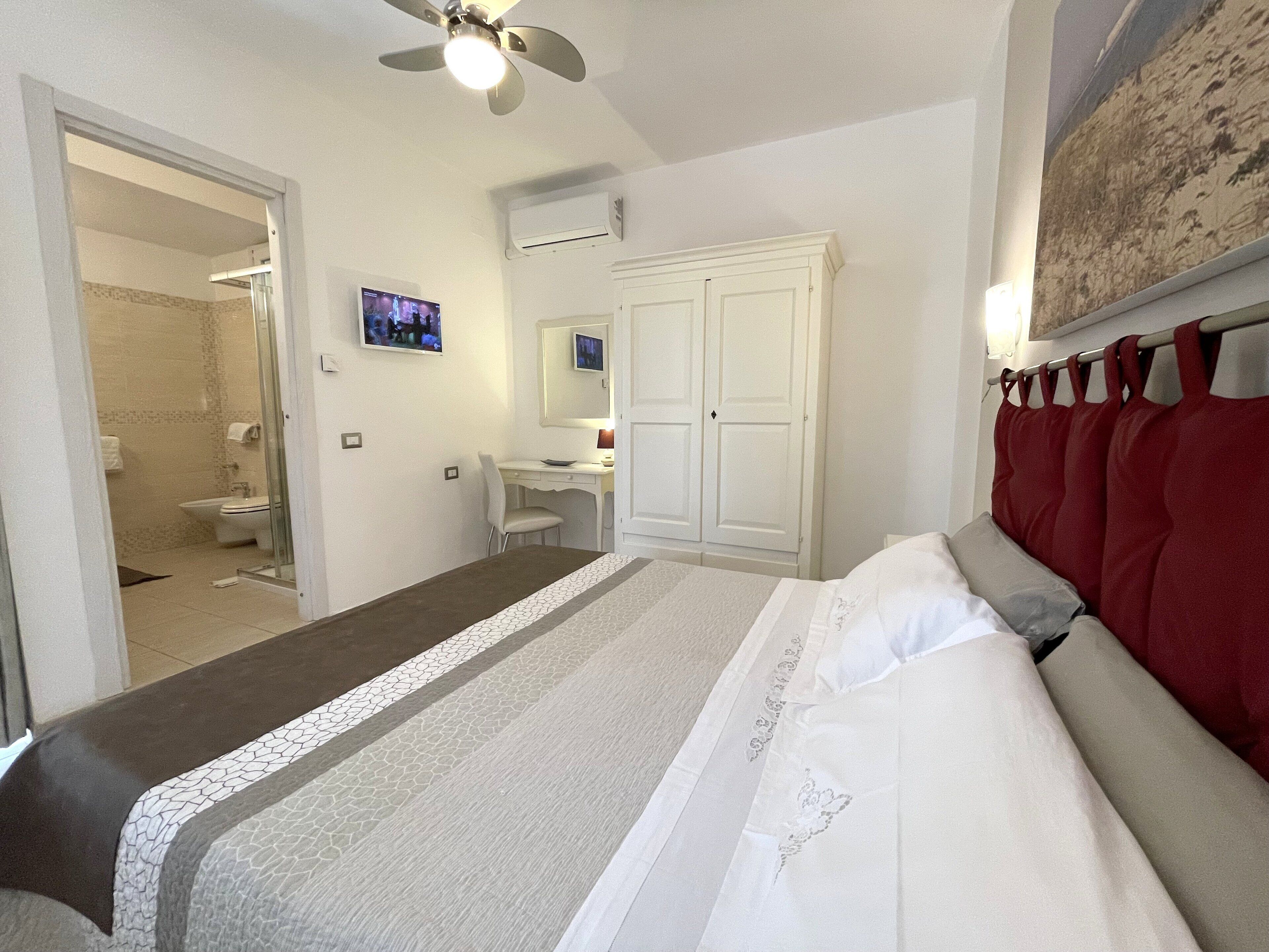 Habitación con cama, escritorio, silla, armario, zona de ducha y televisor.