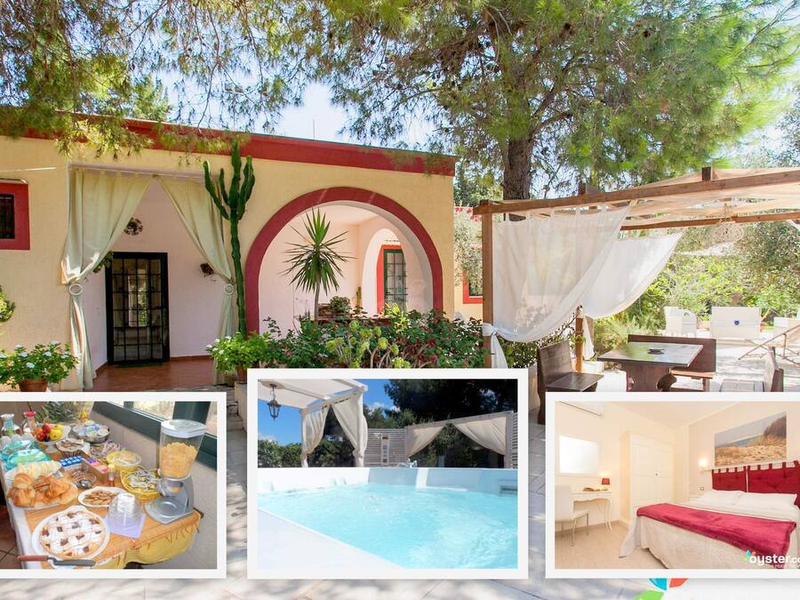 A hotel with a pool, a dining area, and a bedroom.