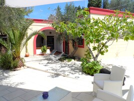 Un patio con mobiliario exterior, una planta en maceta y un árbol.
