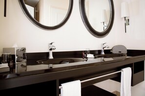 Shower, rainfall showerhead, hair dryer, bathrobes