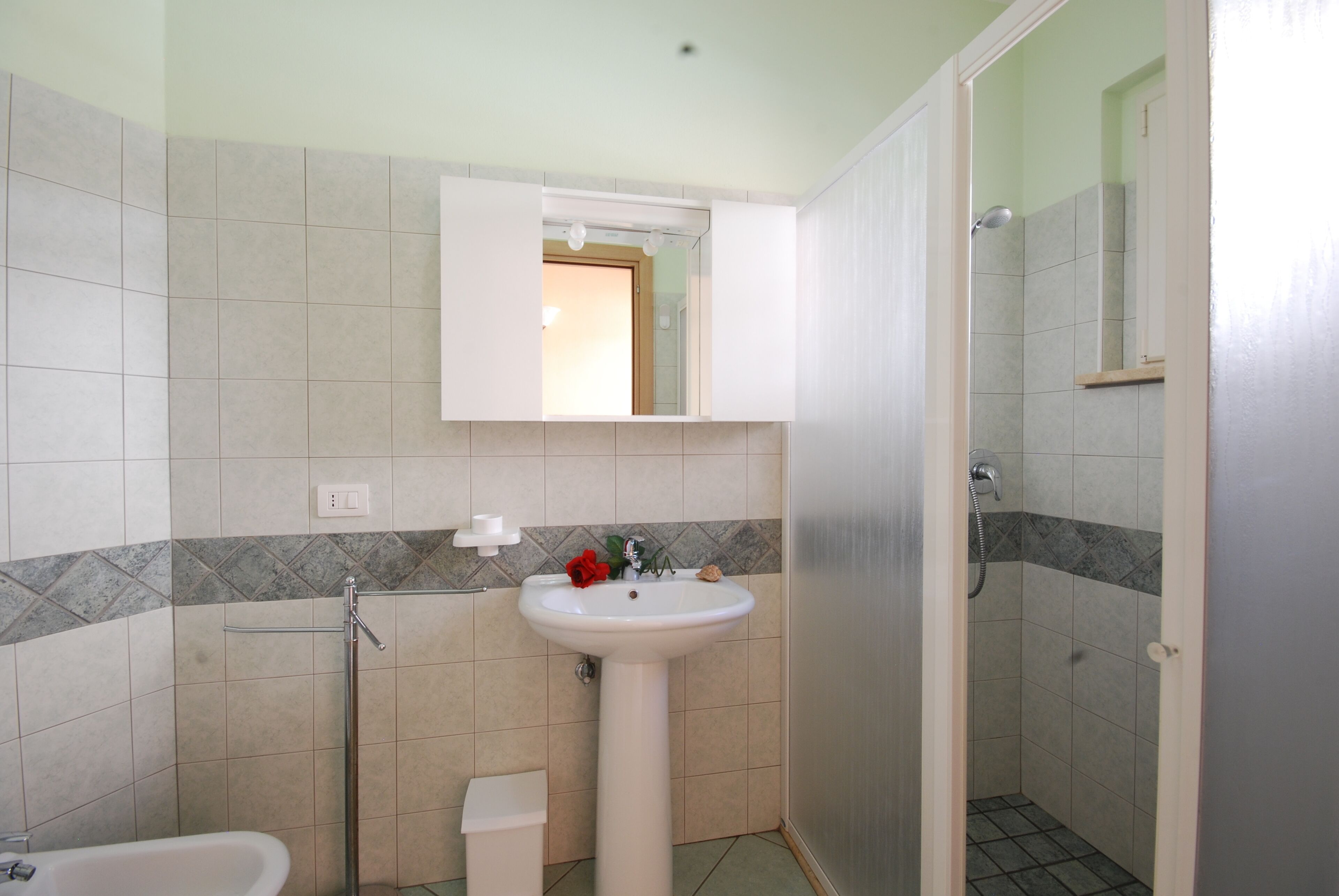 A bathroom with a sink, mirror, and shower.