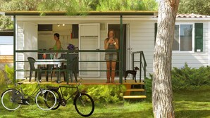 Ein Wohnmobil mit Veranda, Tisch, Stühlen und einem Fahrrad.