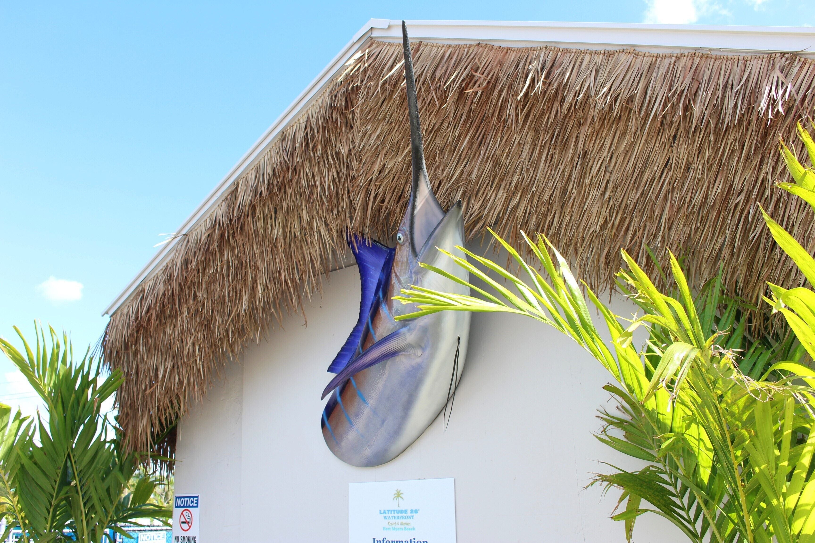 A thatched roof building with a mounted stingray on the wall and a sign indicating no smoking.