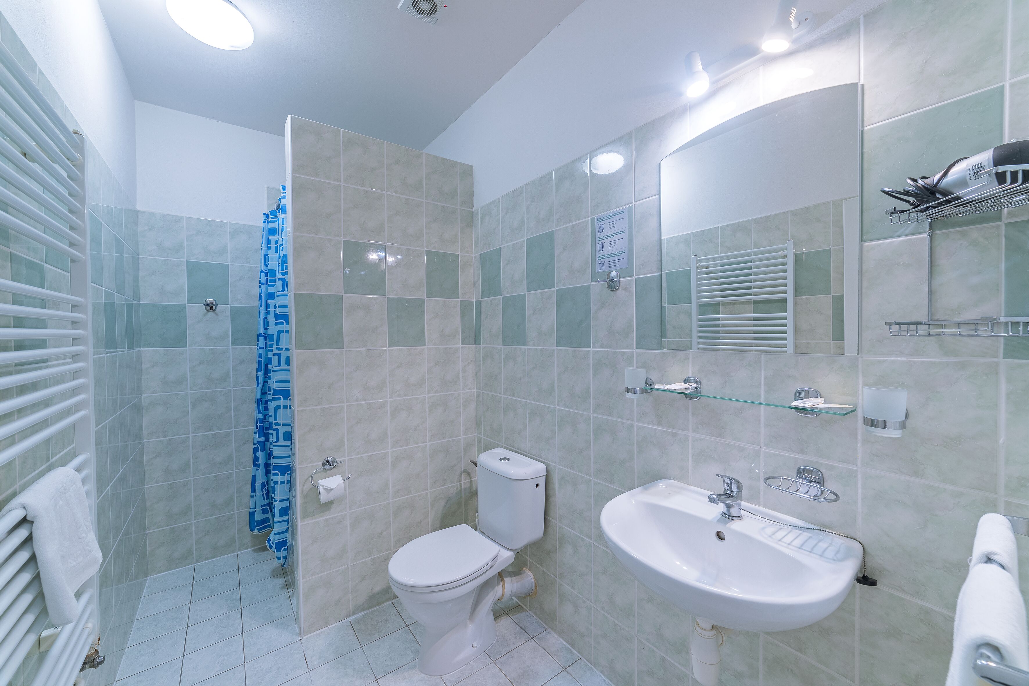 A bathroom with a toilet, sink, and shower area.