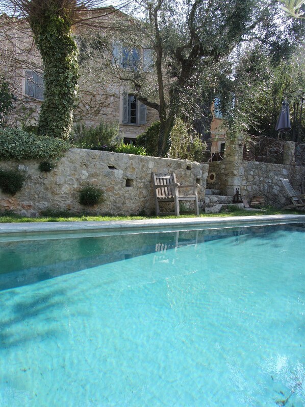 Seasonal outdoor pool, pool loungers