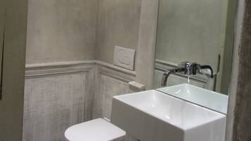 A bathroom with a toilet, a sink, and a mirror.
