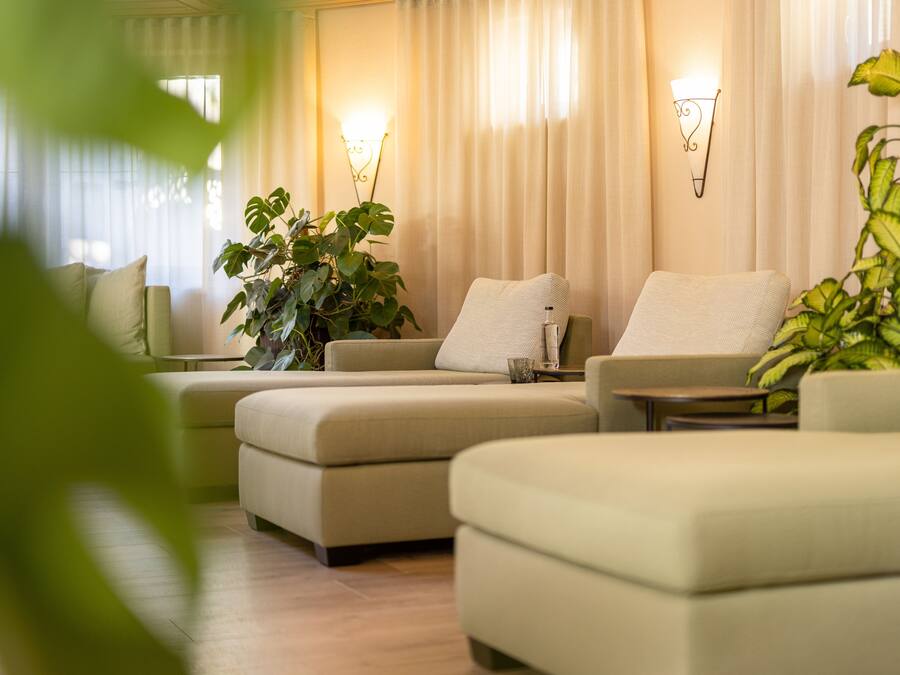 Una sala moderna con un conjunto de sofá, una mesa de centro y dos plantas en macetas.