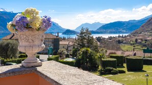 Um vaso de pedra com flores numa varanda com vista para uma paisagem montanhosa e um lago.
