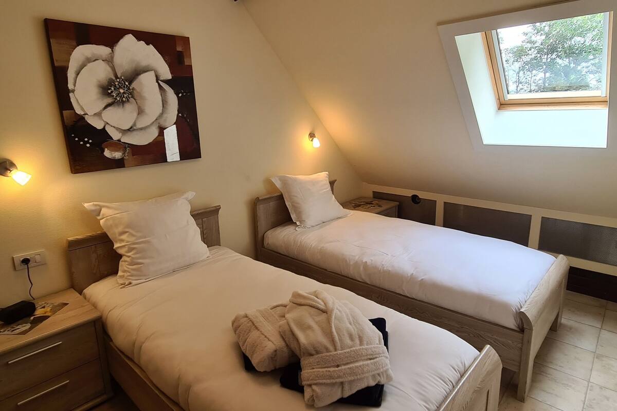 Een slaapkamer met twee bedden, een nachtkastje, een wandlamp, een raam en een televisie.