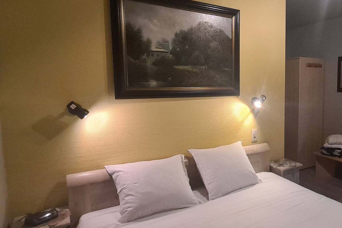 Een hotelkamer met een bed, een bureau, een televisie, een schilderij aan de muur en een lamp.